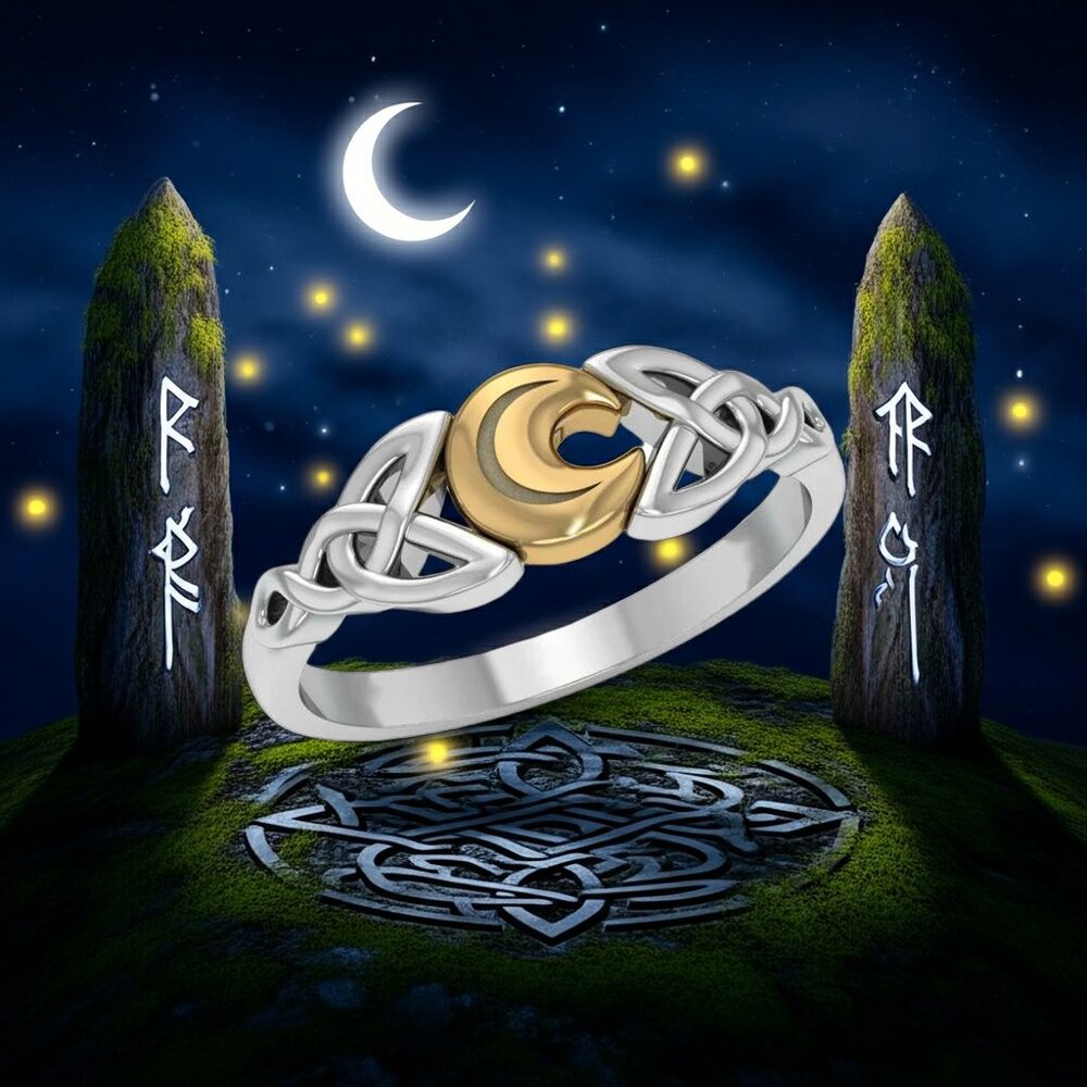 Celtic Moon Spell Sterling Silver with 18k Gold Accent Ring, Sizes 8 & 9